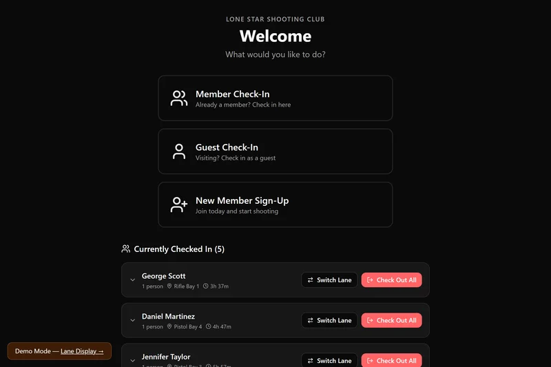 Range Warden self-service kiosk check-in screen