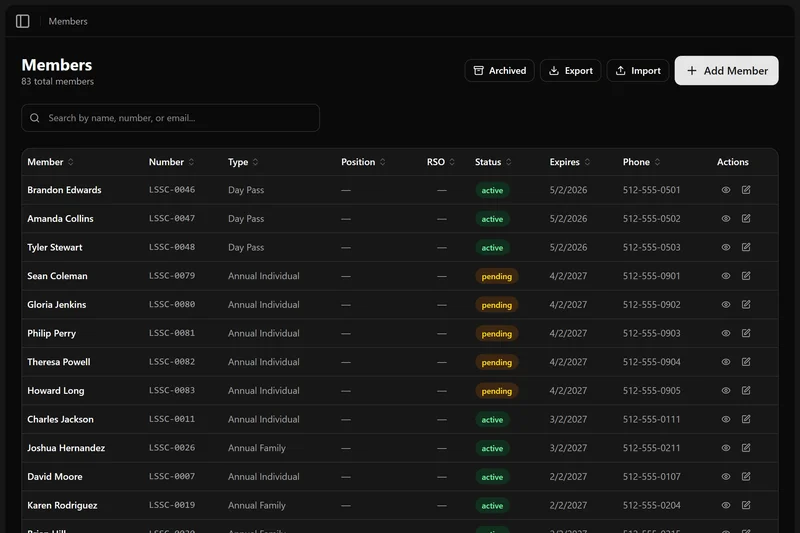 Range Warden membership dashboard showing active members and pending renewals