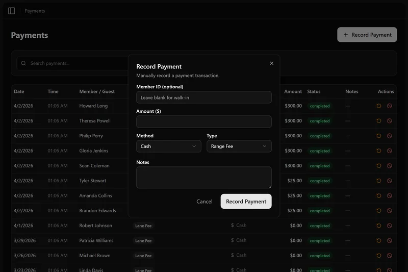 Range Warden payment details and ledger view