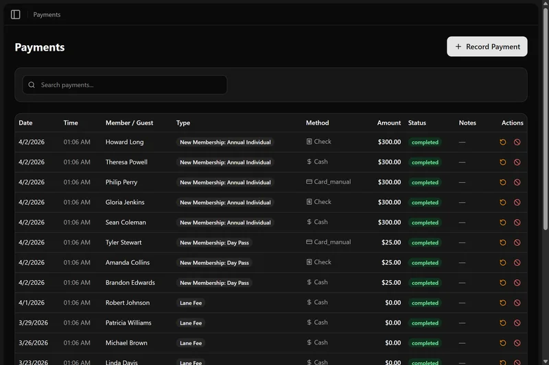 Range Warden payments dashboard with transaction history